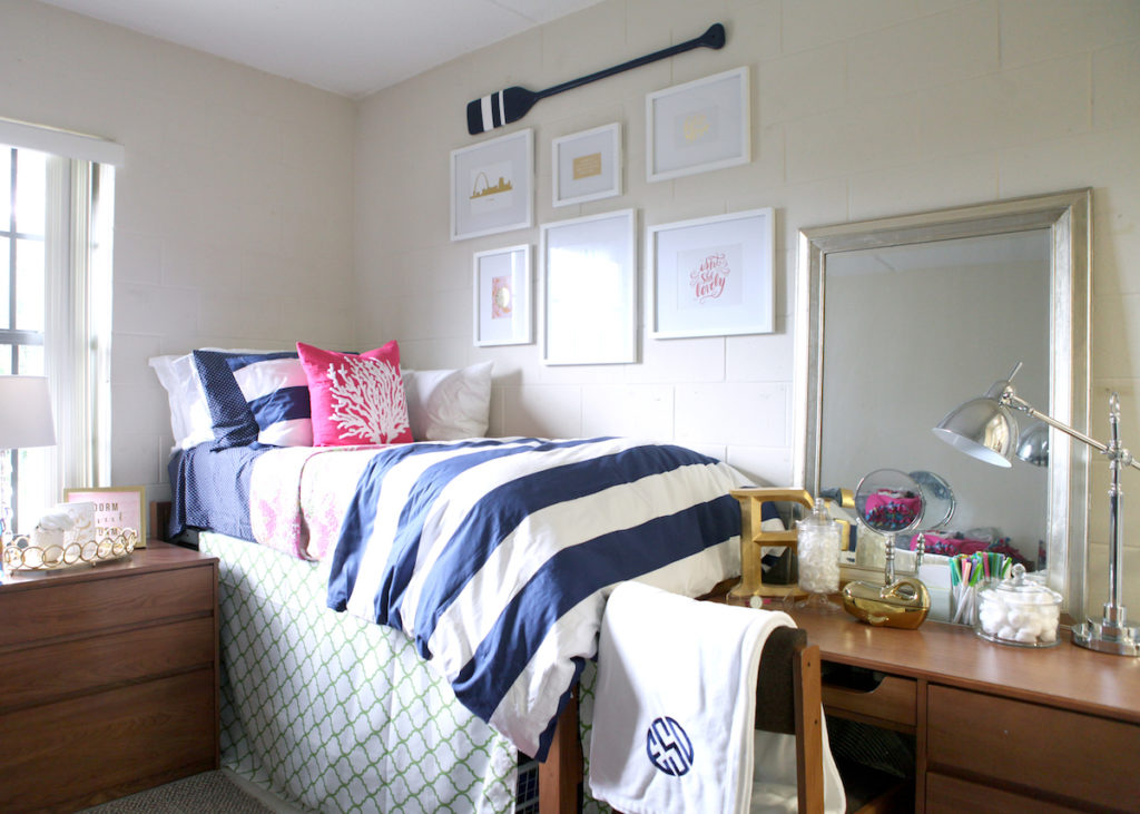 Bedroom setup in a girl's dorm room